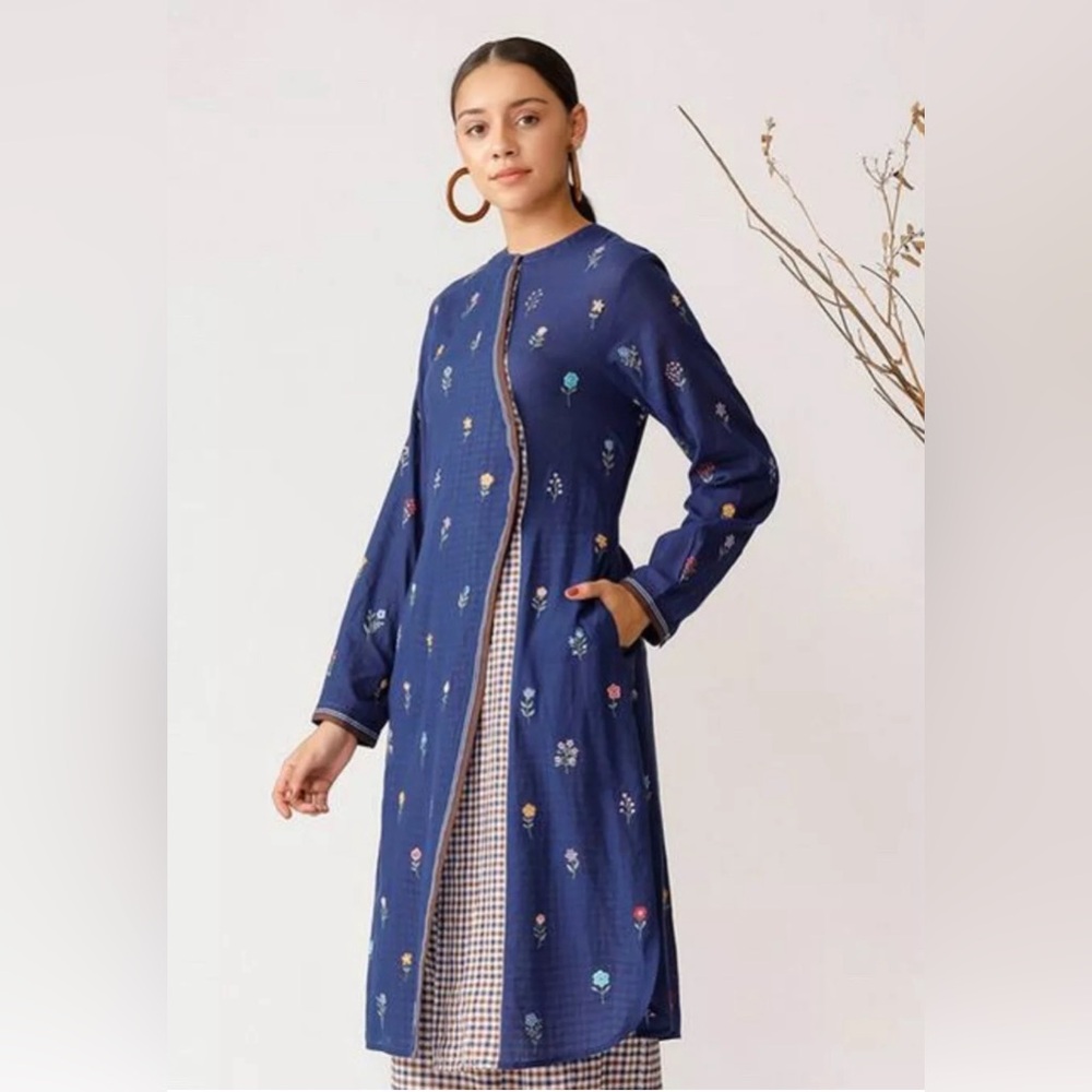 PAYAL PRATAP Anthropologie  Embroider Flower Asymmetric Placket Tunic Dress SZ M